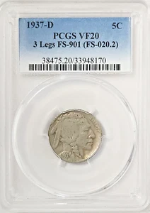 1937-D  3 Legs Buffalo Nickel FS-901 PCGS VF20 - Picture 1 of 2