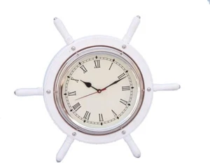 Hampton Nautical SW-1753-CH-White Wood and Ship Wheel Clock, 15", White/Chrome - Picture 1 of 6
