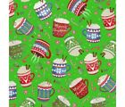 Christmas Fabric Designer 112cm wide 100% Cotton Miniatures Mugs Cups Green