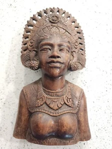 Vintage Bali Klungkung Wood Carved Female Warrior Goddess Statue Bust 12" - Picture 1 of 5