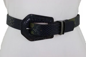 Women Black Blue Faux Snakeskin Leather Waistband Pant Jeans Loop Belt Size S M - Picture 1 of 12