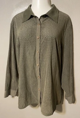 Hermosa Blusa Mujer Ciervo Plus Verde Oliva Blanco ~ 22/24W ~ Abotonada Foto 1 de 2