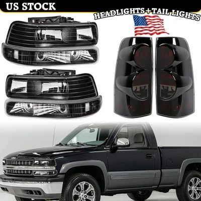 Black Set for 1999-2002 Silverado 1500/2500 Headlights+Bumper+Tail Lights 6PCS - Image 1 of 4