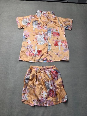 Conjunto de pijama estilo quimono meninas cor pêssego coelho flor de cerejeira estampa floral - Imagem 1 de 4
