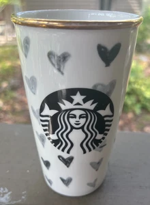 STARBUCKS BLACK HEARTS TRAVEL CERAMIC TUMBLER 12 Oz MUG CUP gold rim 2014 - Picture 1 of 11