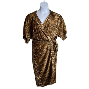 Vintage Andrea Behar Bloomingdales Leopard Silk Wrap Dress Size 14 Glam 90’s - Picture 1 of 18