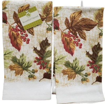 Set of 2 Same Printed Kitchen Terry Towels (15"x25") AUTUMN RUSTIC LEAVES, EHF - Image 1 of 4