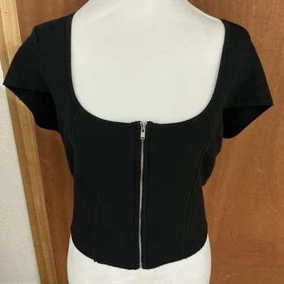 Maeve Anthropologie Womens Medium Black Short Sleeve Zip Front Crop Sweater NWT - Image 1 of 4