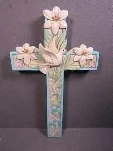 Jim Shore Cross Light Blue 3D Lilies & White Dove Wall Mount 6.5" x3.5" - Picture 1 of 7