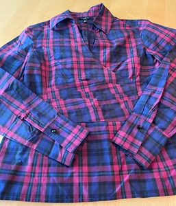 TALBOTS PURPLE BLUE PLAID SILK BLEND FITTED BLOUSE WOMEN’S SZ 2 PETITE - Picture 1 of 3