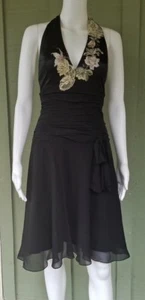 New ADRIANNA PAPELL Boutique Black Silk Chiffon Dress 6 Embroidered Lace - Picture 1 of 5