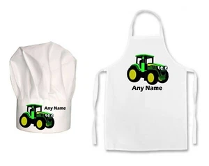 KIDS PERSONALISED Fun Cartoon Tractor Print Kids Chefs Hat / Apron Set - Picture 1 of 6