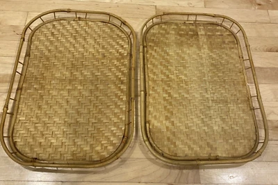 Rattan Bamboo Trays Wicker Tiki Lap Serving Mid Century Patina Vintage Set of 2  - Image 1 of 4