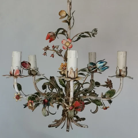 ANTIQUE ITALIAN FLORENTINE TOLE CHANDELIER CEILING LIGHT 5 ARMS FLOWERS VINTAGE Cover