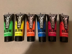 MONSTER GLOW NEON UV FACE PAINT SMALL TUBES X 6 New UV REACTIVE - Picture 1 of 3