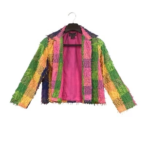 Life Style Lined Jacket Shaggy Thread Patchwork Plaid Colorful Bright Tasseled S - Picture 1 of 8