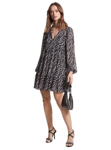 Michael Michael Kors Women's Black Status Print Georgette Babydoll Dress Size M - Picture 1 of 7