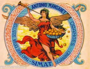 Simat Espana Spanisch Spanien Mansanet Orange Zitrus Obstkiste Etikett Kunstdruck - Bild 1 von 1