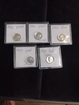 1960+1961+1962+1963+1964 Total Of 5 Proof Silver Roosevelt Dimes In Flips BU - Image 1 of 4