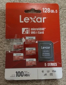 Pack de 5 cartes mémoire flash Lexar série E 128 Go micro SD microSDXC UHS-I - Photo 1 sur 5