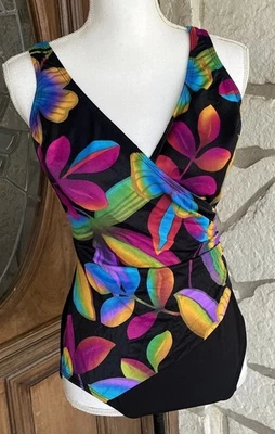 Longitude Swimsuit 14 Long Torso Tropical Leaf Wrap One Piece Vintage Y2K Ruched - Image 1 of 4