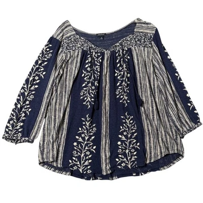 Top túnica con borla floral azul blanco Lucky Brand Boho para mujer 2X Plus Cottage Foto 1 de 4
