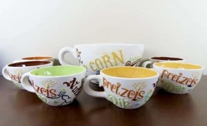 Vintage Ceramic Snack Set Pretzels Popcorn Nuts 6 Large Cups and 1 Bowl - Picture 1 of 11