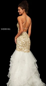 White and gold mermaid-style sherri hill prom dress with corset back size small - Picture 1 of 5
