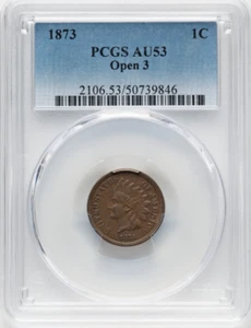 1873 Indian Head Cent - Open 3 PCGS AU53 - Picture 1 of 2