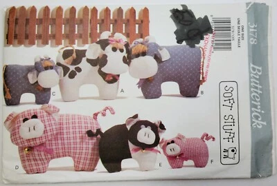 1993 Butterick Stuffed Animal Pattern 3178 Calico Cows and Prairie Pigs UnCut - Image 1 of 4