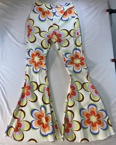 Peach Love Bell Bottoms Pants Women Small Flared Hippie Stretch Retro Flower 70s - Picture 1 of 20