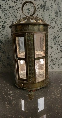 Antique Brass time Lantern Dutch Chandelier of Amsterdam Patina Glass Sides. - Image 1 of 4