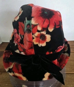 Vintage Velvet Bucket Hat Union Made Bright Floral Back Bow 1960's - Picture 1 of 19
