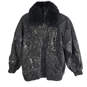 VINTAGE Pelle Lederjacke Damen klein schwarz metallic Fellkragen Bomber 90er - Bild 1 von 16