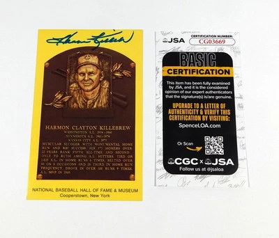 Harmon Killebrew Signed Yellow Hall of Fame Plaque Postcard Twins JSA Auto - Image 1 of 2
