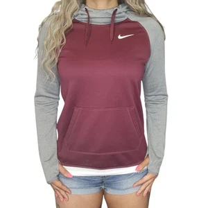 Nike Sweater Womens Small Colorblock Burgundy Gray Red Maroon Hoodie Sweatshirt - Picture 1 of 16