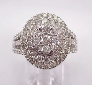 White Gold Oval Diamond Cluster Ring Chunky Halo Bridal Engagement Band - Picture 1 of 8