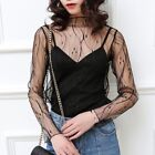 Contemporary Black Net Mesh Bottoming Shirt With Sheer Sleeves For Women