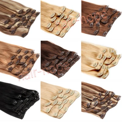 Clip in Hair Extensions Real Human Hair Durable Clip-on Sewn Wefts Hair 8pieces - Image 1 of 4