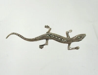 .925 Sterling Silver Lizard Brooch Marcasite Sleek Cute Salamander - Image 1 of 2