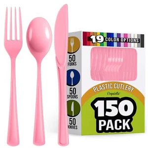 Pink Disposable Plastic Cutlery Set 150 Pieces Forks Spoons Knives Heavy Duty - Picture 1 of 7