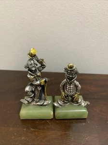 Pair of Sterling Silver Clowns Figurines On Base of Marble, Onyx or Jade ? @ 3” - Picture 1 of 14