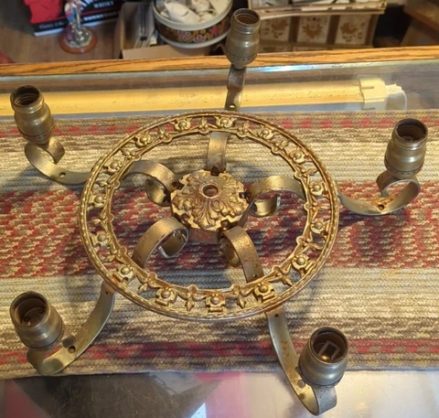 Antique Wrought Iron Painted Gold Chandelier w/ 5 Light Bulb Sockets Very Ornate Cover