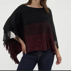 Adrienne Vittadini Gradient Two Tone Sweater Knit Fringed Poncho One Size Black - Picture 1 of 8