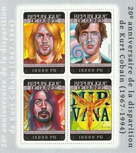 NIRVANA s/s 4 Briefmarken; Kurt Cobain; Dave Grohl; Guinea; postfrisch; htf - Bild 1 von 1