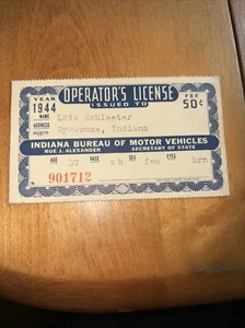 Vintage 1944 State of Indiana Operator Führerschein # 901712 - Bild 1 von 5