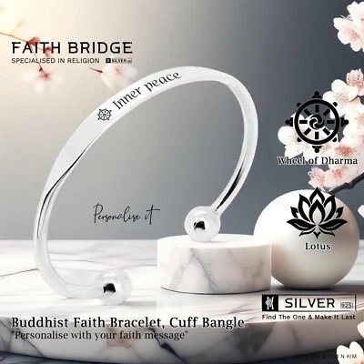 Buddhist Cuff Bangle Bracelet ✔️Wheel of Dharma✔️Lotus✔️Buddha✔️Solid 925 Silver - Image 1 of 4