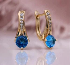 14k Yellow Gold Plated 2 Ct Round Cut Simulated Blue Topaz Clip On Drop Earrings - Picture 1 of 7