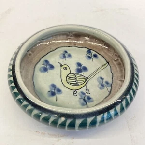 Vtg Signed Tonala Mexican Pottery Round Trinket Dish Yellow Bird - Picture 1 of 5
