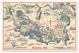 Pictorial Map of Victoria & Vancouver Island British Columbia, Canada circa 1939 - Picture 1 of 12